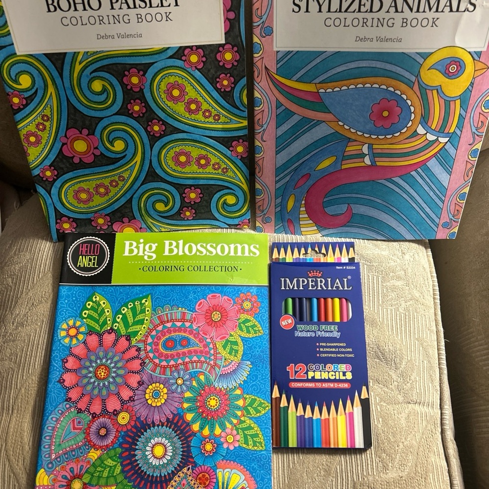 Colored Pencils with Boho Paisley, Big Blossom and Animals Coloring Books